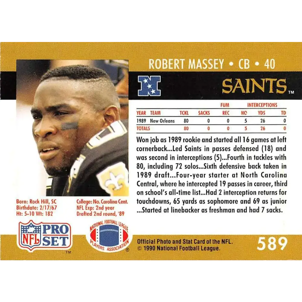 1990 Pro Set #589 Robert Massey NM-MT New Orleans Saints Football Card - Football Card Single