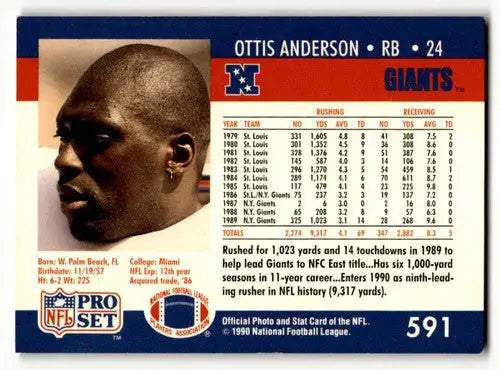 1990 Pro Set #591 Ottis Anderson New York Giants Football Cards EX/N ID:60043 - Football Card Single