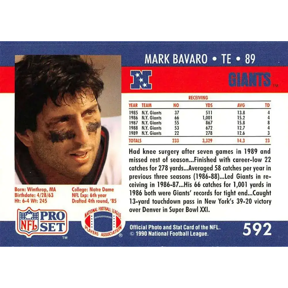 1990 Pro Set #592 Mark Bavaro NM-MT New York Giants Football Card - Football Card Single