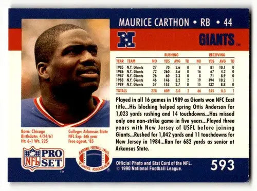 Pro Set Maurice Carthon Giants football card from 1990 product listing