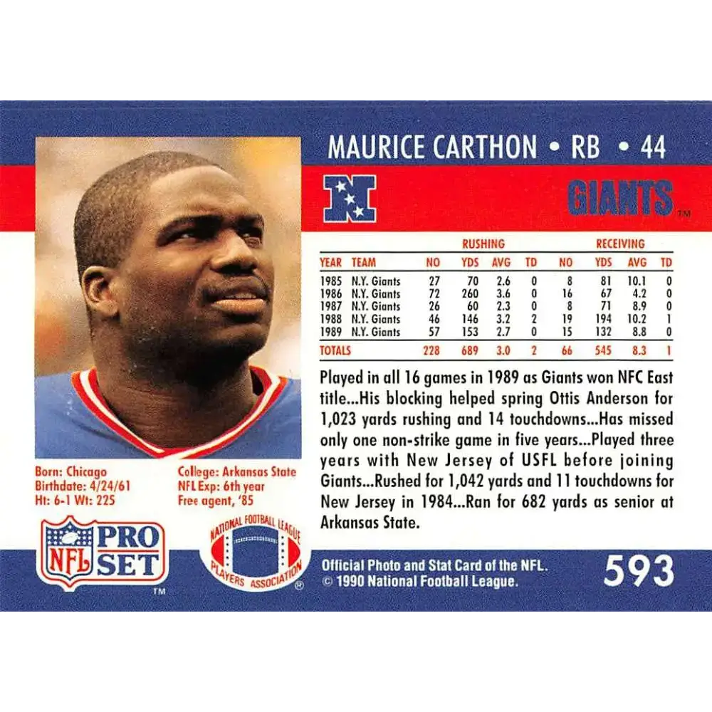 1990 Pro Set #593 Maurice Carthon NM-MT New York Giants Football Card - Football Card Single