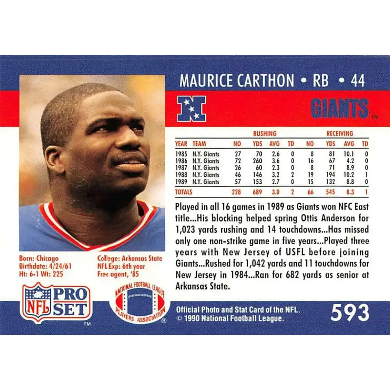 1990 Pro Set #593 Maurice Carthon NM-MT New York Giants Football Card - Football Card Single