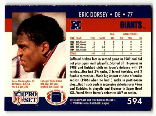 Original gloss 1990 Pro Set Eric Dorsey football card featuring New York Giants team