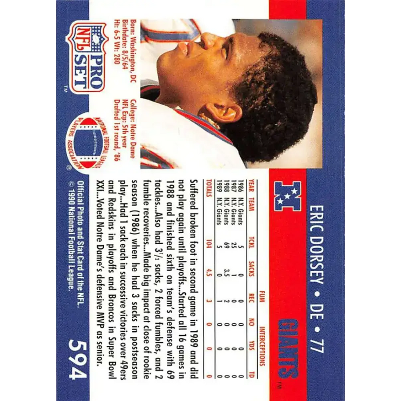 1990 Pro Set #594 Eric Dorsey NM-MT RC Rookie New York Giants Football Card - Football Card Single