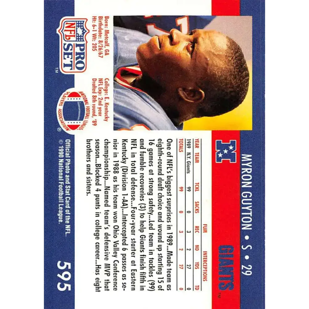 1990 Pro Set #595 Myron Guyton NM-MT New York Giants Football Card - Football Card Single