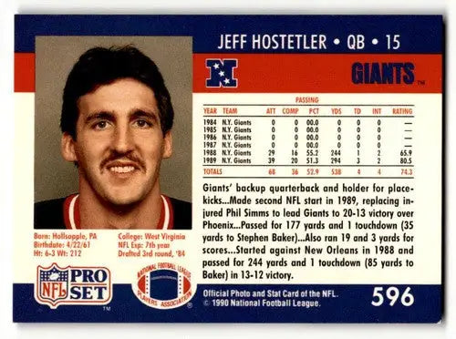 Pro Set Jeff Hostetler football card with original gloss from 1990 New York Giants