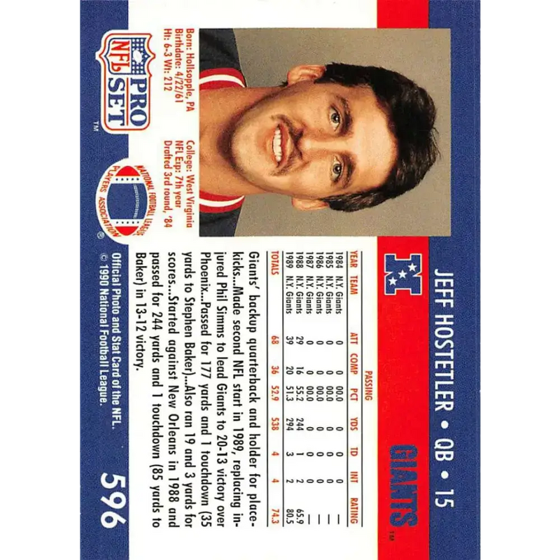 1990 Pro Set #596 Jeff Hostetler NM-MT RC Rookie New York Giants Football Card - Football Card Single