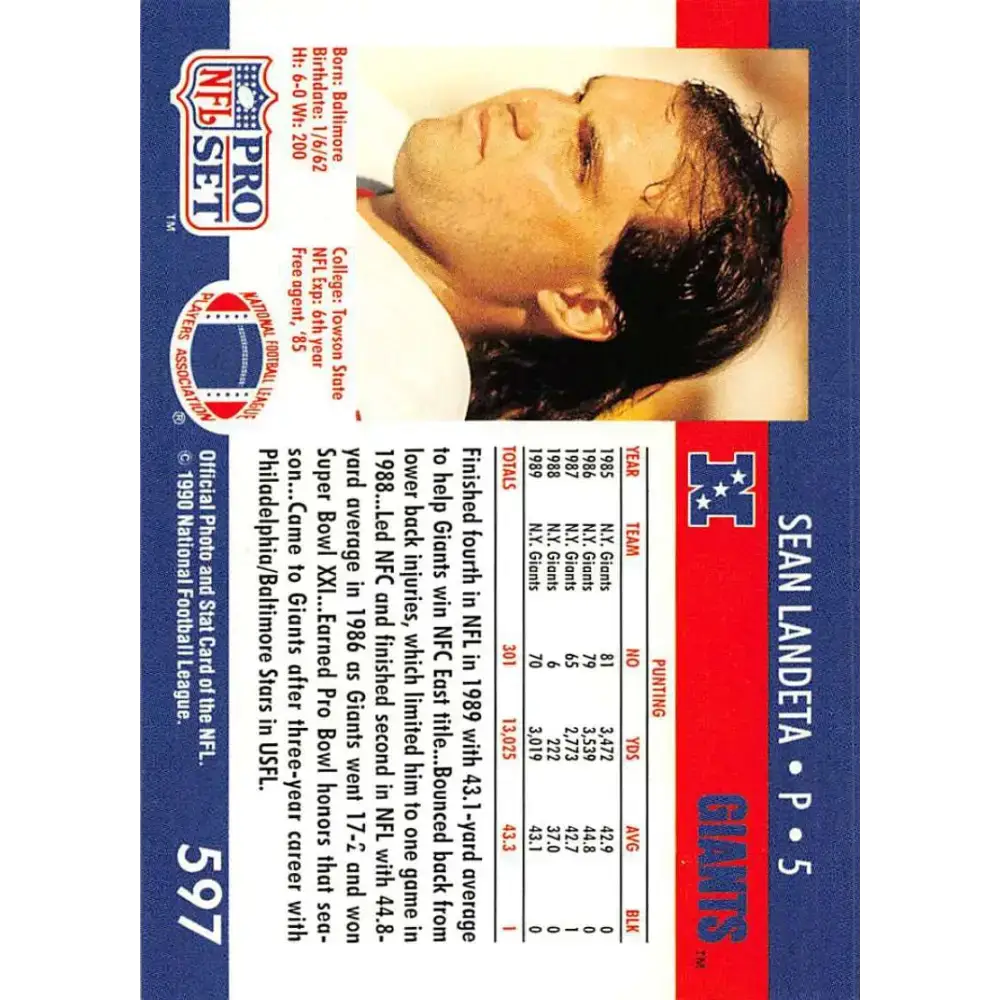 1990 Pro Set #597 Sean Landeta NM-MT New York Giants Football Card - Football Card Single