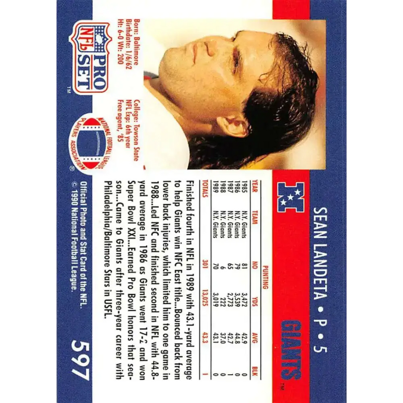 1990 Pro Set #597 Sean Landeta NM-MT New York Giants Football Card - Football Card Single