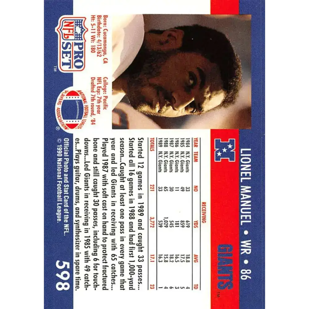 1990 Pro Set #598 Lionel Manuel NM-MT New York Giants Football Card - Football Card Single
