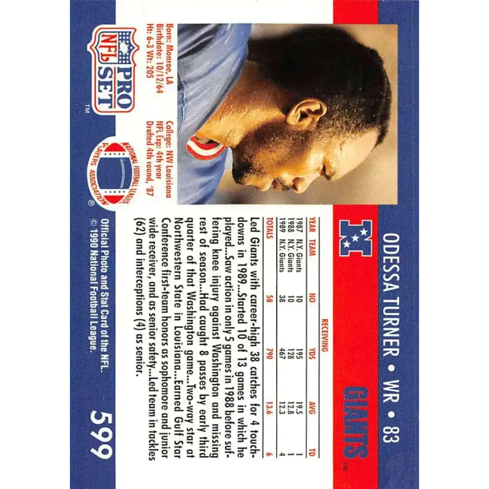1990 Pro Set #599 Odessa Turner NM-MT RC Rookie New York Giants Football Card - Football Card Single