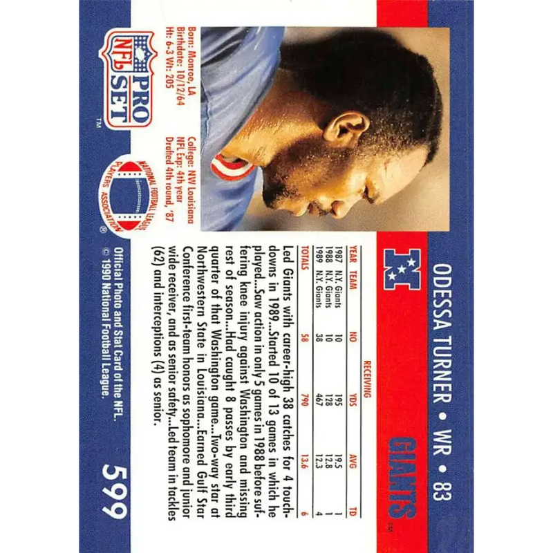 1990 Pro Set #599 Odessa Turner NM-MT RC Rookie New York Giants Football Card - Football Card Single