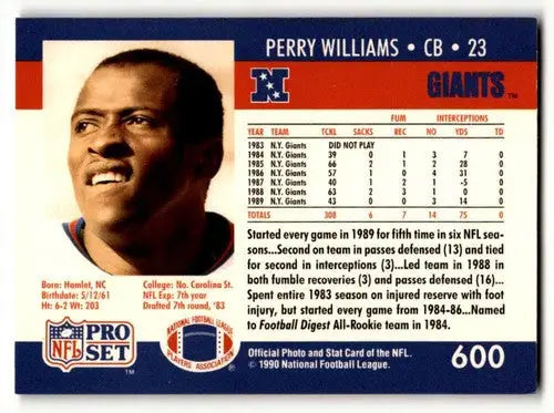Original gloss Perry Williams Giants football card from 1990 Pro Set series