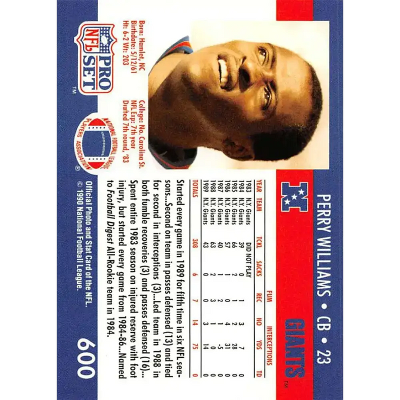 1990 Pro Set #600 Perry Williams NM-MT New York Giants Football Card - Football Card Single