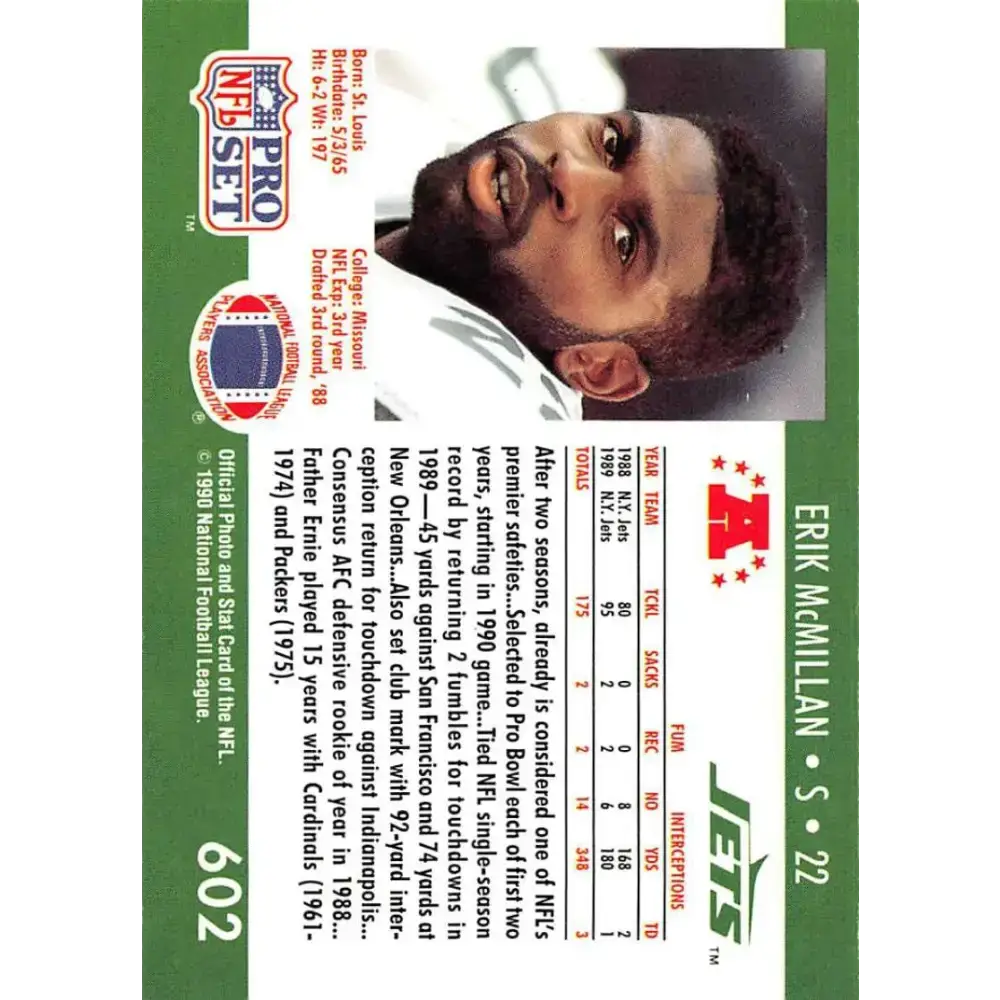 1990 Pro Set #602 Erik McMillan NM-MT New York Jets Football Card - Football Card Single