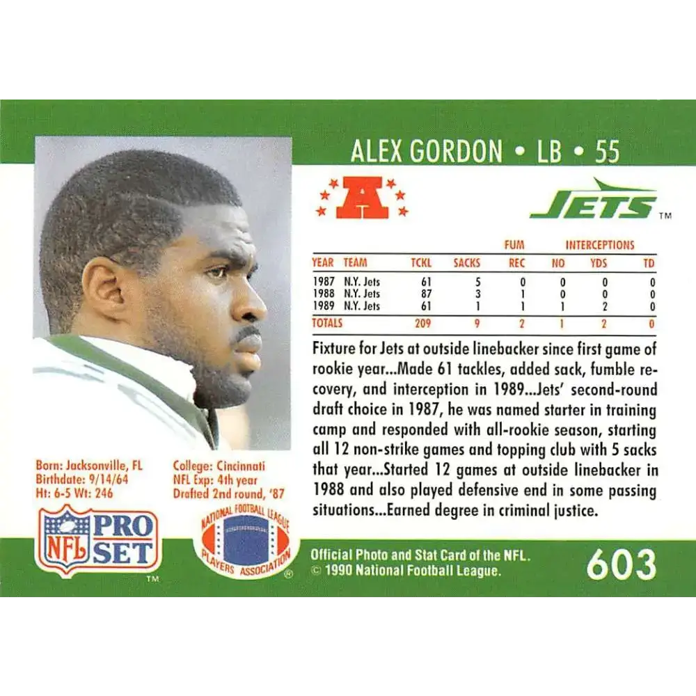 1990 Pro Set #603 Alex Gordon NM-MT New York Jets Football Card - Football Card Single