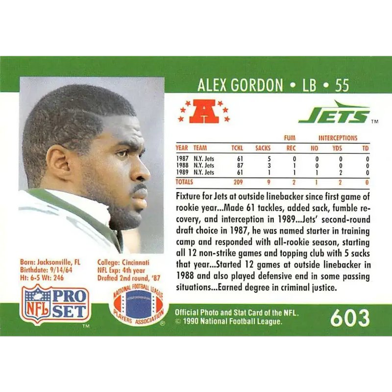 1990 Pro Set #603 Alex Gordon NM-MT New York Jets Football Card - Football Card Single