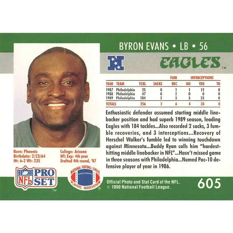1990 Pro Set #605 Byron Evans NM-MT RC Rookie Philadelphia Eagles Football Card - Football Card Single