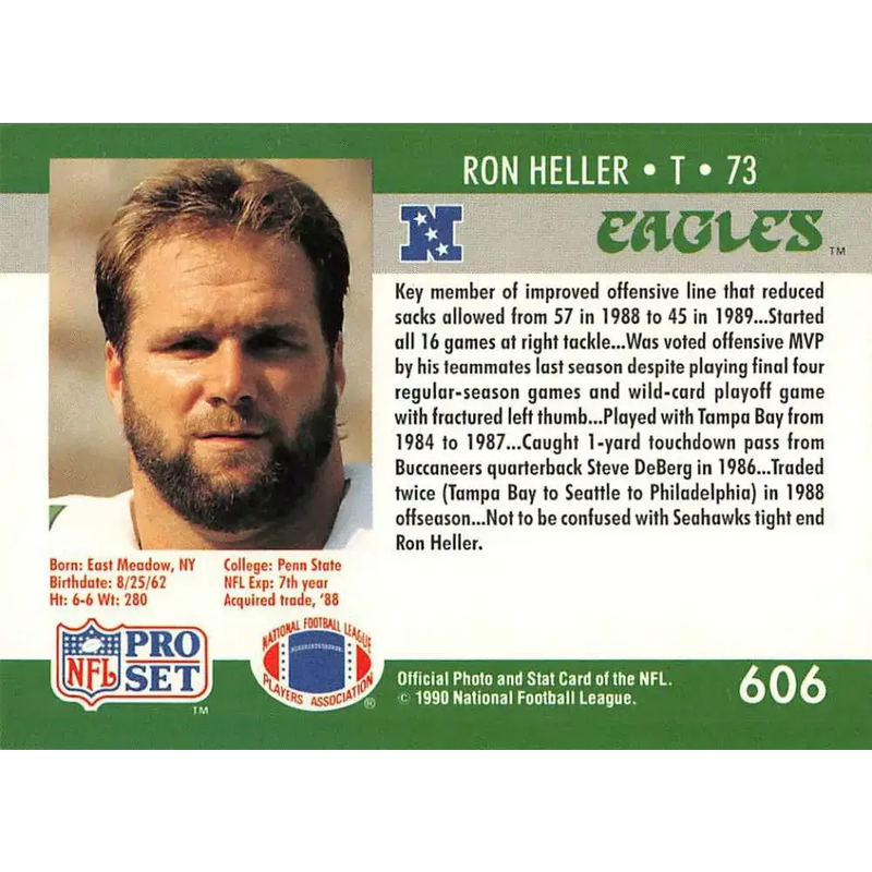 1990 Pro Set #606 Ron Heller NM-MT Philadelphia Eagles Football Card - Football Card Single