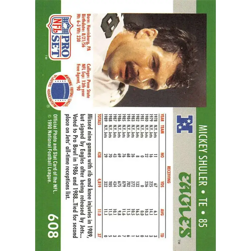 1990 Pro Set #608 Mickey Shuler NM-MT Philadelphia Eagles Football Card - Football Card Single
