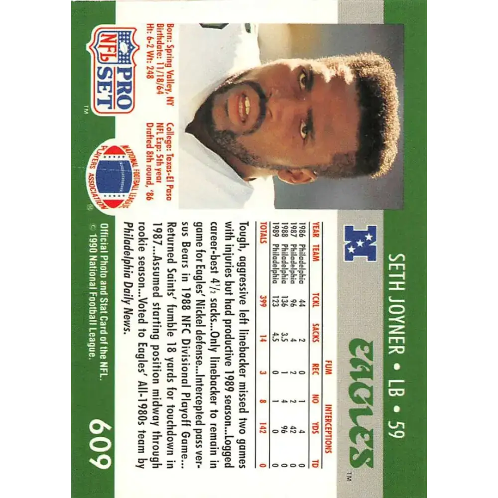 1990 Pro Set #609 Seth Joyner NM-MT Philadelphia Eagles Football Card - Football Card Single