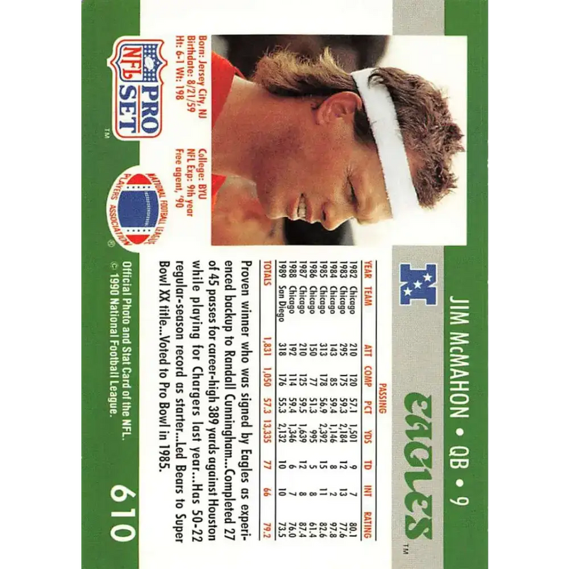 1990 Pro Set #610 Jim McMahon NM-MT Philadelphia Eagles Football Card - Football Card Single