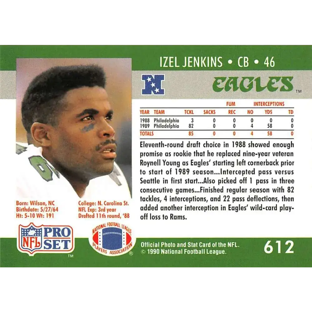 1990 Pro Set #612 Izel Jenkins NM-MT RC Rookie Philadelphia Eagles Football Card - Football Card Single