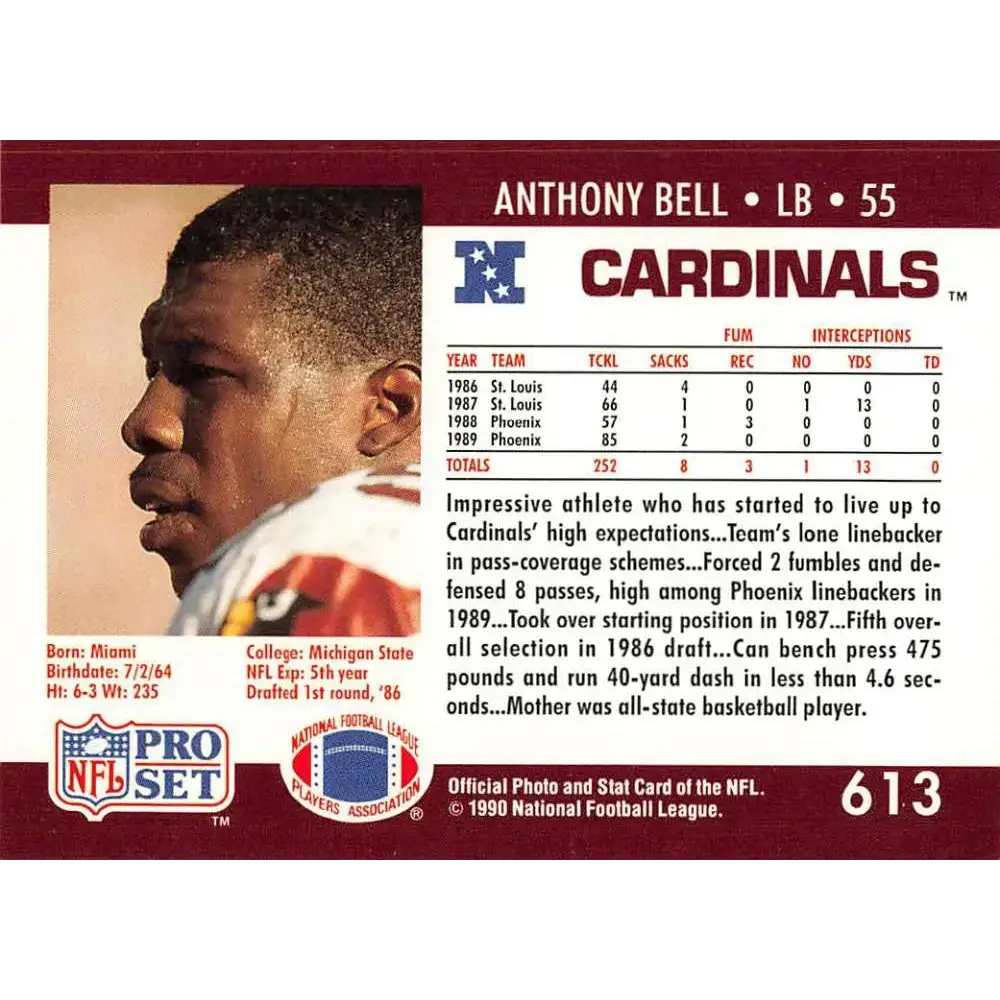 1990 Pro Set #613 Anthony Bell NM-MT Phoenix Cardinals Football Card - Football Card Single