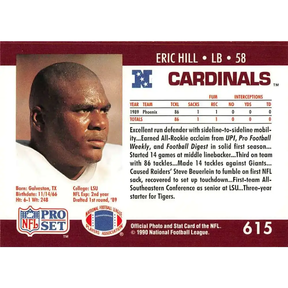1990 Pro Set #615 Eric Hill NM-MT Phoenix Cardinals Football Card - Football Card Single