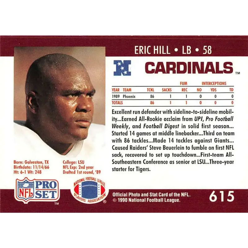 1990 Pro Set #615 Eric Hill NM-MT Phoenix Cardinals Football Card - Football Card Single
