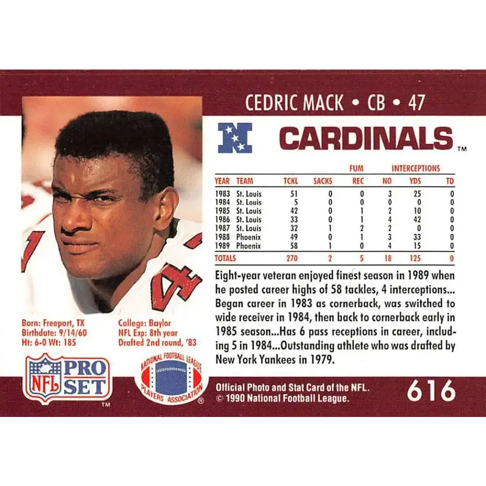 1990 Pro Set #616 Cedric Mack NM-MT Phoenix Cardinals Football Card - Football Card Single