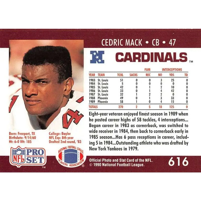 1990 Pro Set #616 Cedric Mack NM-MT Phoenix Cardinals Football Card - Football Card Single