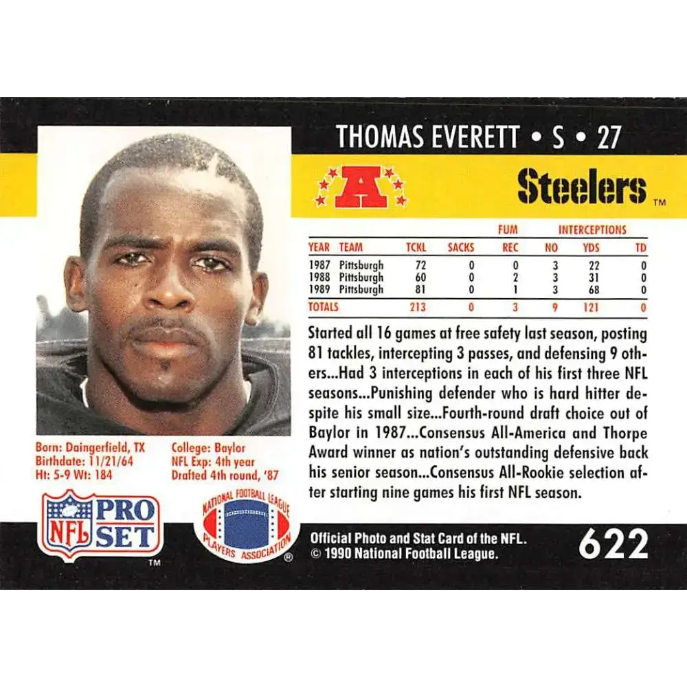 1990 Pro Set #622 Thomas Everett NM-MT Pittsburgh Steelers Football Card - Football Card Single