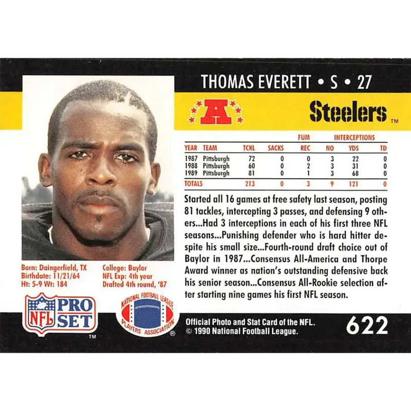1990 Pro Set #622 Thomas Everett NM-MT Pittsburgh Steelers Football Card - Football Card Single