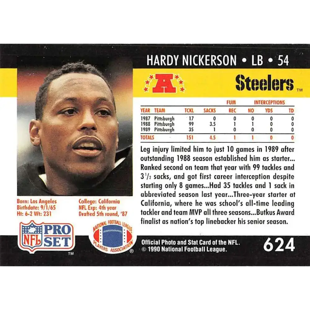 1990 Pro Set #624 Hardy Nickerson NM-MT Pittsburgh Steelers Football Card - Football Card Single