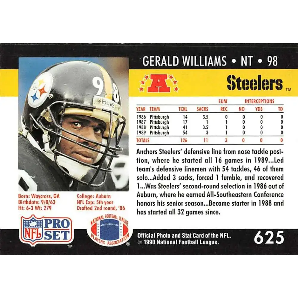 1990 Pro Set #625 Gerald Williams NM-MT RC Rookie Pittsburgh Steelers Football Card - Football Card Single