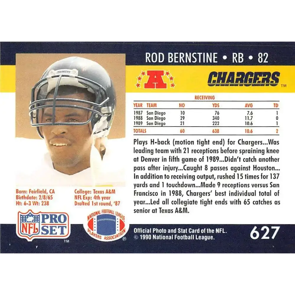 1990 Pro Set #627B Rod Bernstine NM-MT San Diego Chargers Football Card - Football Card Single