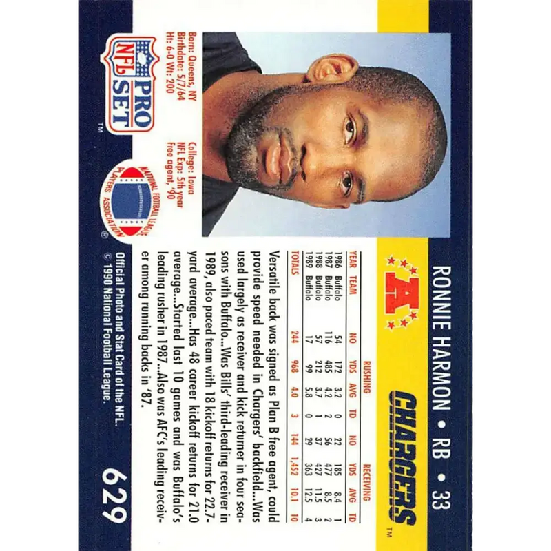 1990 Pro Set #629 Ronnie Harmon NM-MT San Diego Chargers Football Card - Football Card Single