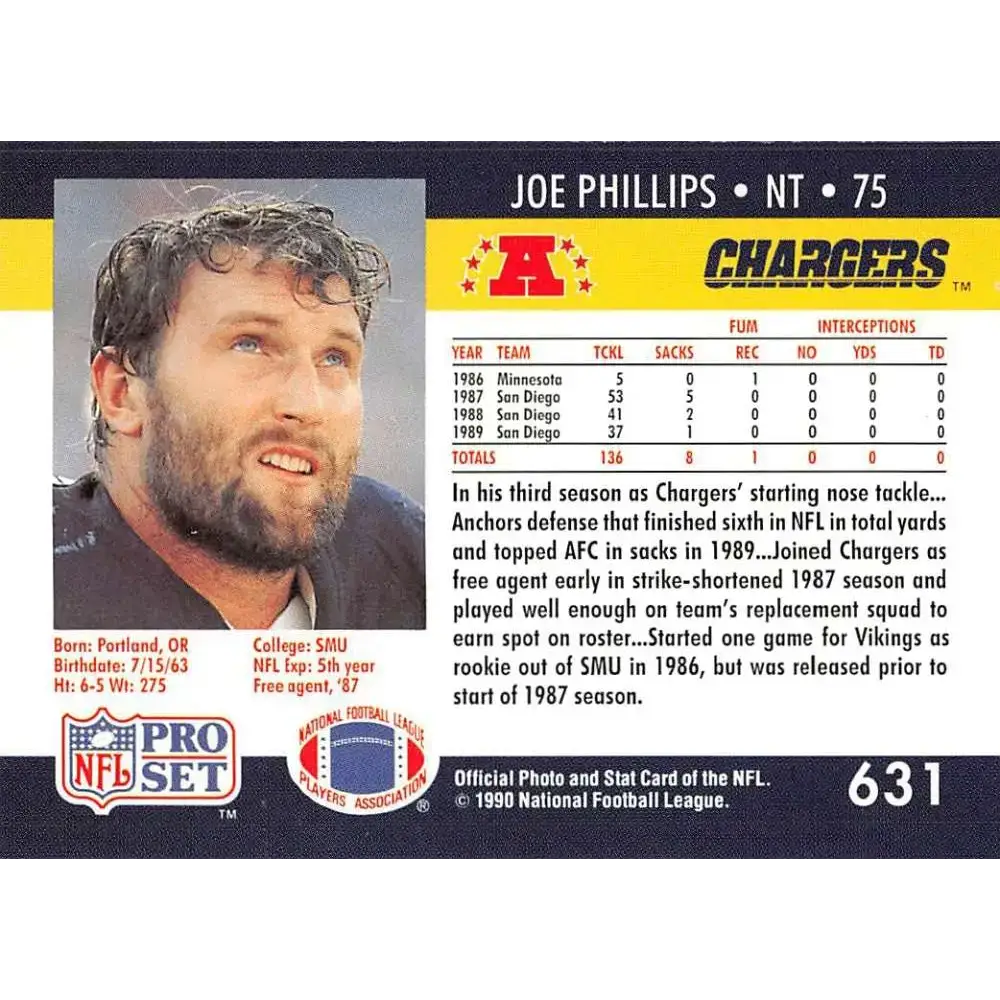 1990 Pro Set #631 Joe Phillips NM-MT RC Rookie San Diego Chargers Football Card - Football Card Single