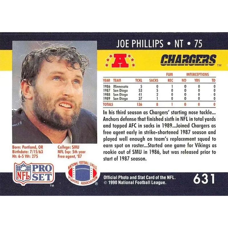 1990 Pro Set #631 Joe Phillips NM-MT RC Rookie San Diego Chargers Football Card - Football Card Single