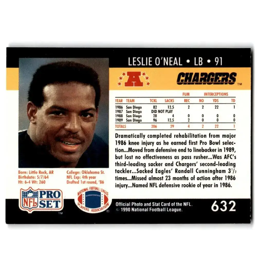 1990 Pro Set #632B Leslie O’Neal NM-MT San Diego Chargers Football Card - Football Card Single