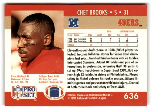 Original gloss 1990 Pro Set Chet Brooks rookie football card featuring Chet Brooks jersey