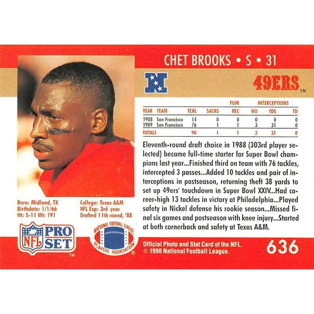 1990 Pro Set #636 Chet Brooks NM-MT RC Rookie San Francisco 49ers Football Card - Football Card Single