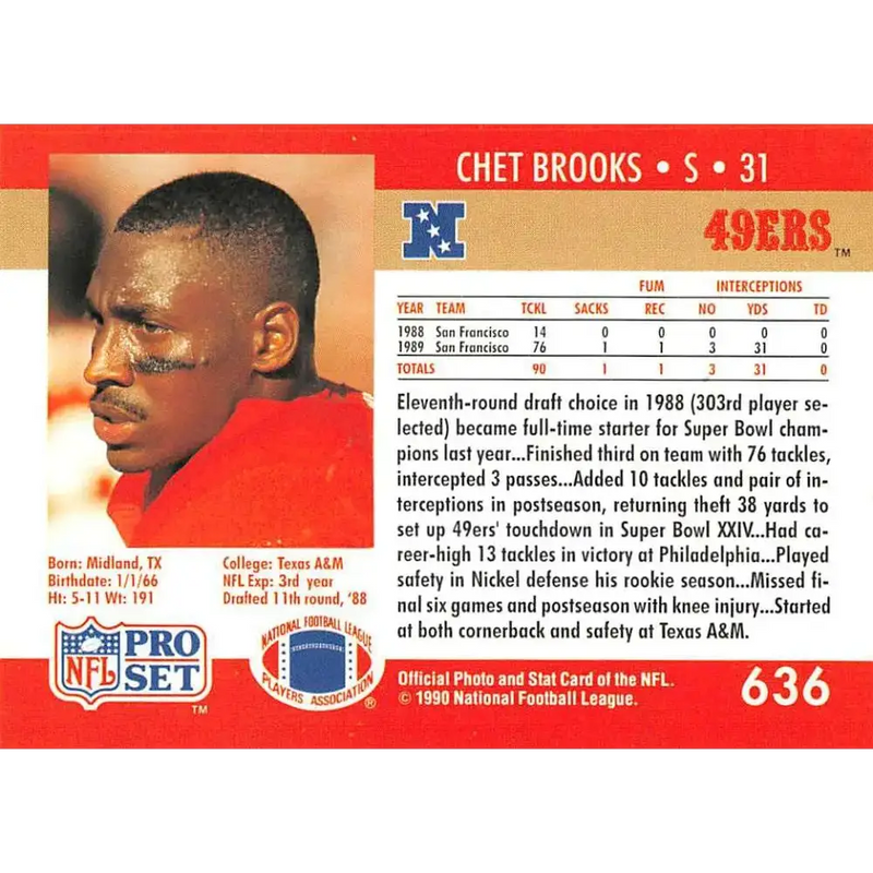 1990 Pro Set #636 Chet Brooks NM-MT RC Rookie San Francisco 49ers Football Card - Football Card Single