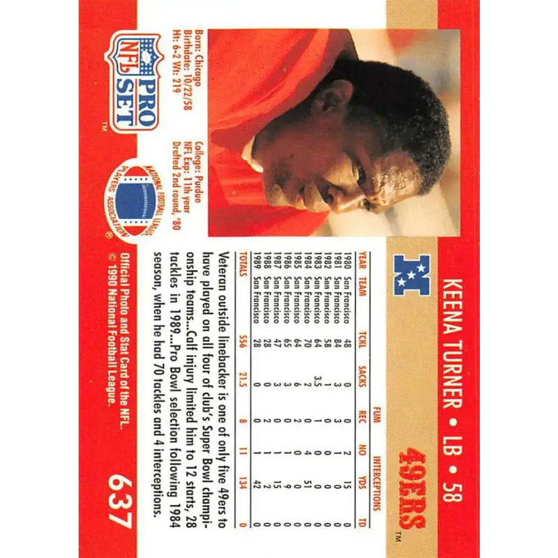 1990 Pro Set #637 Keena Turner NM-MT San Francisco 49ers Football Card - Football Card Single