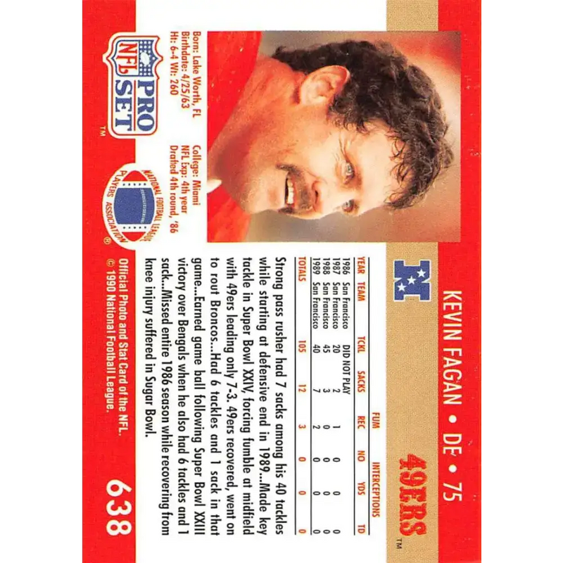 1990 Pro Set #638 Kevin Fagan NM-MT RC Rookie San Francisco 49ers Football Card - Football Card Single