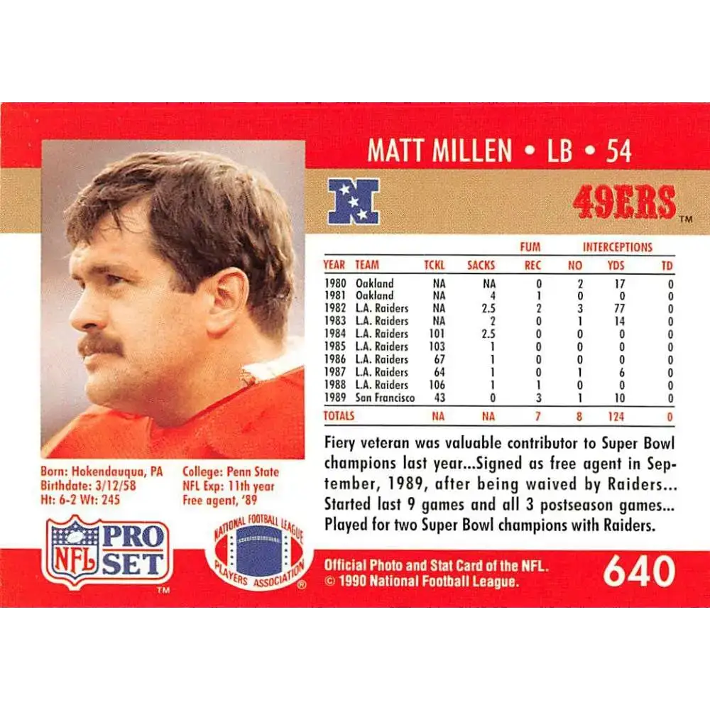 1990 Pro Set #640 Matt Millen NM-MT San Francisco 49ers Football Card - Football Card Single