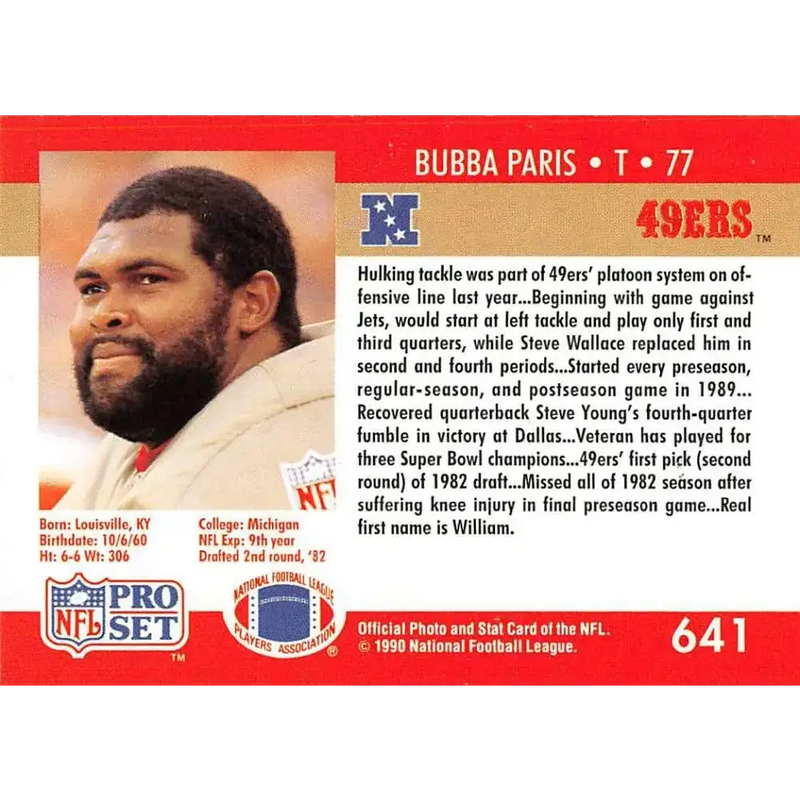 1990 Pro Set #641 Bubba Paris NM-MT San Francisco 49ers Football Card - Football Card Single