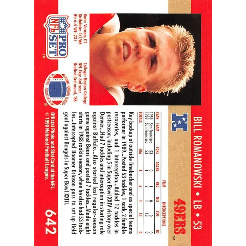1990 Pro Set #642 Bill Romanowski NM-MT RC Rookie San Francisco 49ers Football Card - Football Card Single