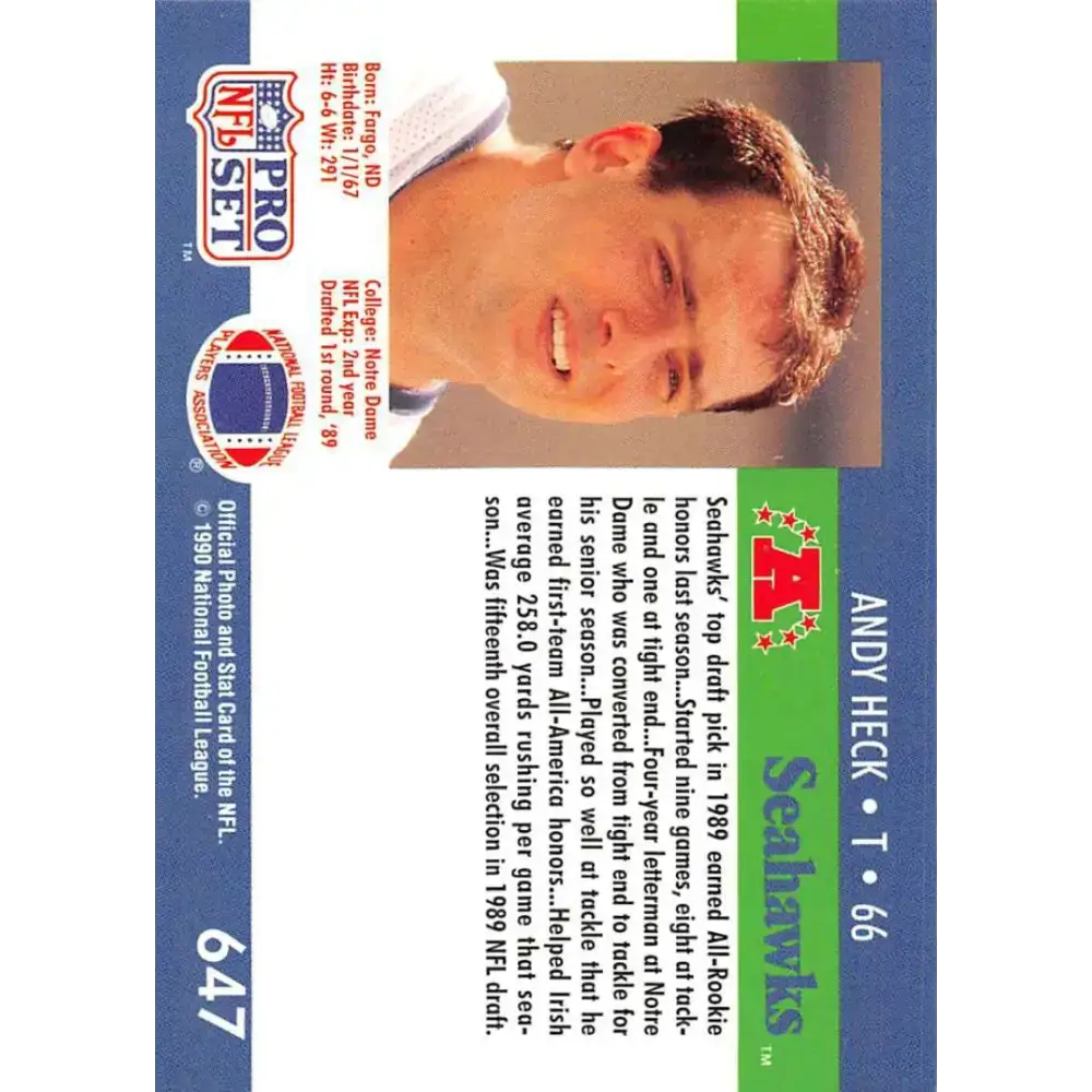1990 Pro Set #647 Andy Heck NM-MT Seattle Seahawks Football Card - Football Card Single